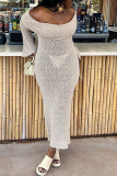 Dropped Shoulder Long Sleeve Knit Hollowed Out Beach Dress Vacation Swimwears Cover Up