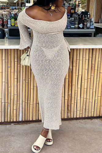 Dropped Shoulder Long Sleeve Knit Hollowed Out Beach Dress Vacation Swimwears Cover Up