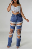 Casual Rhinestone Decor High Waist Cut Out Ripped Denim Jeans