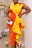 Party Formal Evening Colorblock Print Sleeveless Backless One-Shoulder Spaghetti Strap Asymmetrical Ruffle Side Slit Bodycon Midi Dress