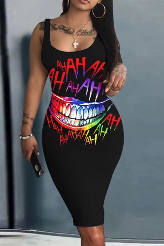 Casual Graphics Print U Neck Sleeveless Vacation Bodycon Midi Tank Dress