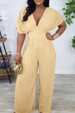 Deep V Neck Dropped Shoulder Sleeve Cinch Waist Vacation Loose Pleated Wide Leg Jumpsuits
