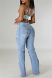 Casual Rhinestone Decor High Waist Cut Out Ripped Denim Jeans