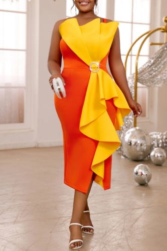 Party Formal Evening Colorblock Print Sleeveless Backless One-Shoulder Spaghetti Strap Asymmetrical Ruffle Side Slit Bodycon Midi Dress