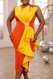 Party Formal Evening Colorblock Print Sleeveless Backless One-Shoulder Spaghetti Strap Asymmetrical Ruffle Side Slit Bodycon Midi Dress
