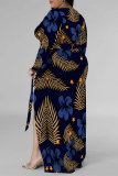 Casual Floral Print V Neck Long Sleeve With Belt Side Slit Long Loose Vacation Plus Size Maxi Dresses