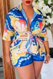 Casual Boho Floral Print Turndown Collar Half Sleeve Blouse And Shorts Vacation Two Pieces Shorts Sets