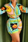 Casual Floral Print Turndown Collar Half Sleeve Blouse And Shorts Boho Two Pieces Shorts Sets
