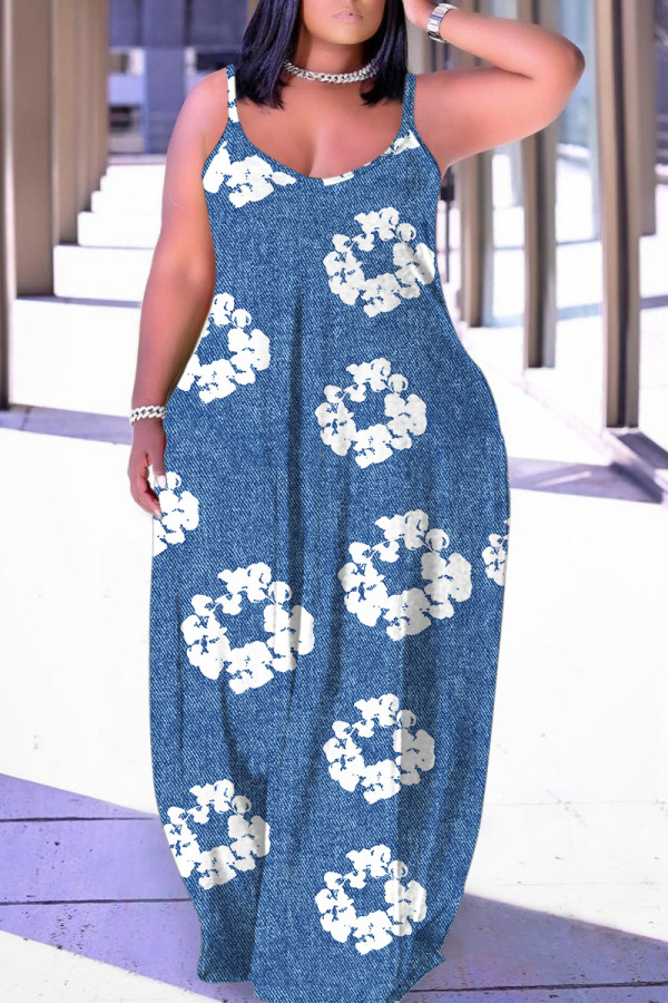 Sexy Ombre Print Backless Spaghetti Strap Floor Length Vacation Baggy Sundress Slip Maxi Dress