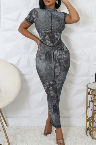 Ombre Print Zipper O Neck Short Sleeve Slit Wrapped Skirt Formal Party Evening Bodycon Maxi Dress
