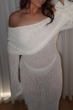 Dropped Shoulder Long Sleeve Knit Hollowed Out Beach Dress Vacation Swimwears Cover Up