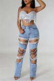 Casual Rhinestone Decor High Waist Cut Out Ripped Denim Jeans