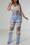 Casual Rhinestone Decor High Waist Cut Out Ripped Denim Jeans