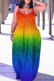 Sexy Ombre Print Backless Spaghetti Strap Floor Length Vacation Baggy Sundress Slip Maxi Dress