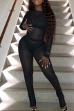 Mesh See-Through O Neck Long Sleeve Tops And Skinny Pants Night Club Two Pieces Trouser Sets