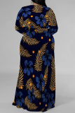 Casual Floral Print V Neck Long Sleeve With Belt Side Slit Long Loose Vacation Plus Size Maxi Dresses