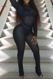 Mesh See-Through O Neck Long Sleeve Tops And Skinny Pants Night Club Two Pieces Trouser Sets