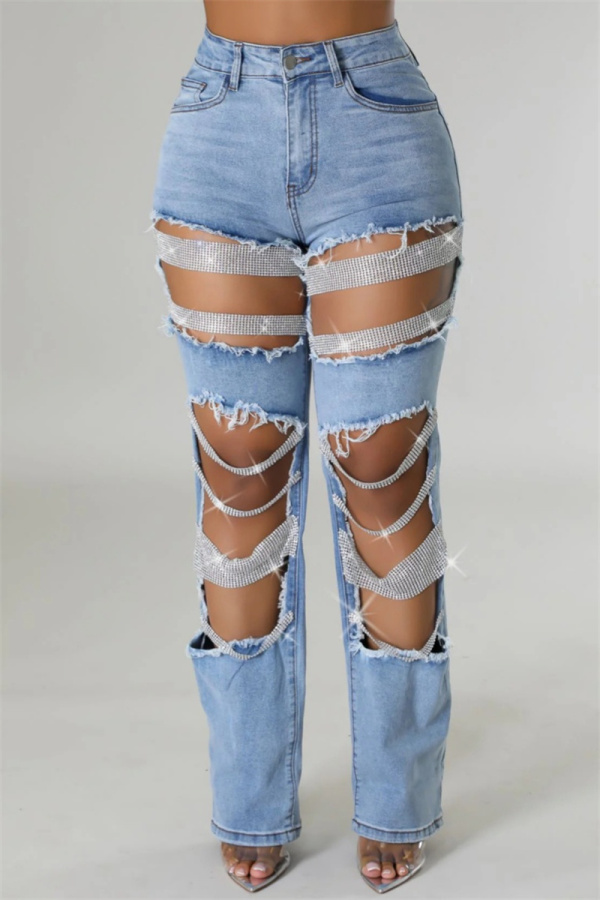 Casual Rhinestone Decor High Waist Cut Out Ripped Denim Jeans
