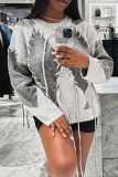 Casual Colorblock Print Long Sleeve O Neck Lace Up Knitted Sweater