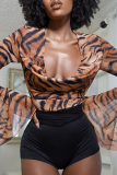 Leopard Print Deep V Neck Ruched Mesh Long Sleeve Top