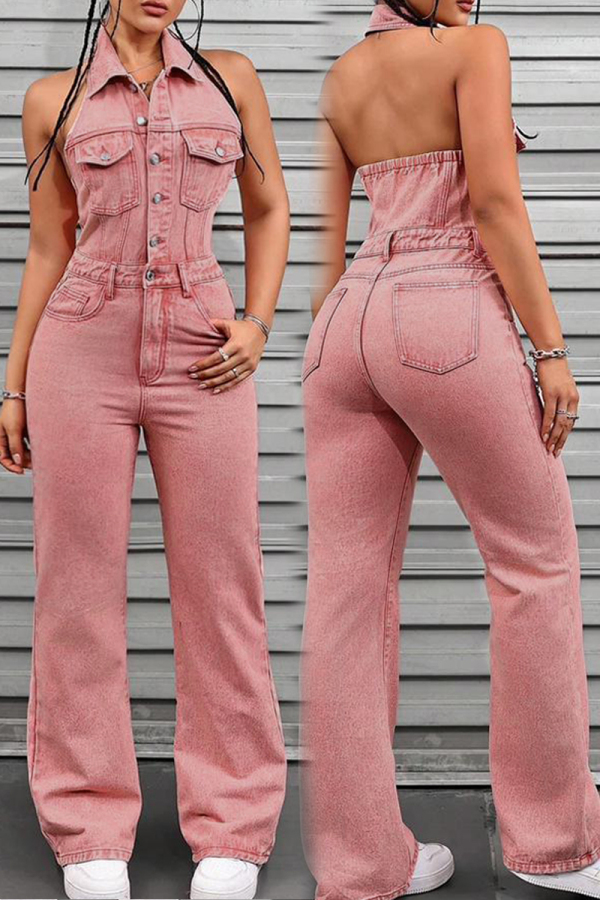 Street Solid Patchwork Pocket Buckle Turndown Collar Sleeveless High Waist Loose Denim Jumpsuits