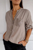 Formal Sequins V Neck 3/4 Sleeve Office Lady Pocket Vacation Blouse