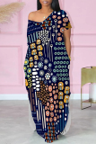 African Casual Graphics Print O Neck Short Sleeve Long Side Slit Loose Vacation Plus Size Straight Maxi T-shirt Dresses