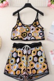 Casual Boho Flowers Backless Sleeveless Spaghetti Strap Vacation Cami Crop Tops And Shorts Vacation Two Pieces Shorts Sets