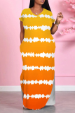 African Casual Stripe Print O Neck Short Sleeve Long Side Slit Loose Vacation Plus Size Straight Maxi T-shirt Dresses