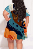 Casual Graphics Print V Neck Short Sleeve Ruffle Hem Vacation Plus Size A Line Mini Dresses