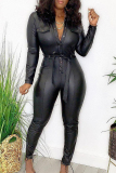 Turndown Collar Long Sleeve With Belt Night Club Skinny Leather Jumpsuits One Pieces Bodysuit