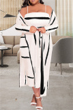 Casual Striped Print Cami Bodycon Midi Dresses Cover Up Longline Cardigan Jackets Long Vacation Plus Size Two Pieces Sets