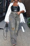 Casual High Waist Straight Leg Distressed Ripped Denim Jeans