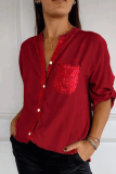 Formal Sequins V Neck 3/4 Sleeve Office Lady Pocket Vacation Blouse