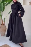 Casual Turndown Collar Long Sleeve Lace Up Long Vacation A Line Pleated Maxi Shirt Dresses