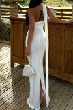 Sleeveless Backless Asymmetrical Collar Slit Mermaid Hem Formal Party Evening Wedding Bodycon Maxi Dress
