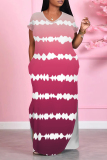 African Casual Stripe Print O Neck Short Sleeve Long Side Slit Loose Vacation Plus Size Straight Maxi T-shirt Dresses