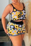 Casual Boho Flowers Backless Sleeveless Spaghetti Strap Vacation Cami Crop Tops And Shorts Vacation Two Pieces Shorts Sets