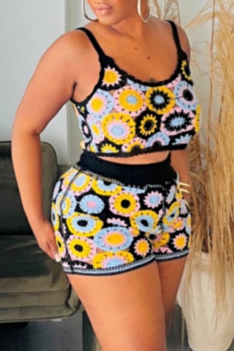 Casual Boho Flowers Backless Sleeveless Spaghetti Strap Vacation Cami Crop Tops And Shorts Vacation Two Pieces Shorts Sets