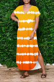 African Casual Stripe Print O Neck Short Sleeve Long Side Slit Loose Vacation Plus Size Straight Maxi T-shirt Dresses