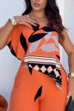 Casual Floral Print Sloping Shoulder Flounce Sleeve Irregular Hem Vacation Wide Leg Jumpsuits