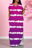 African Casual Stripe Print O Neck Short Sleeve Long Side Slit Loose Vacation Plus Size Straight Maxi T-shirt Dresses