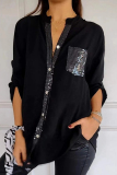 Formal Sequins V Neck 3/4 Sleeve Office Lady Pocket Vacation Blouse