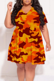 Casual Camouflage Print V Neck Short Sleeve Ruffle Hem Vacation Plus Size A Line Mini Dresses