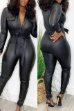 Turndown Collar Long Sleeve With Belt Night Club Skinny Leather Jumpsuits One Pieces Bodysuit