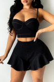 Casual Sleeveless Backless Zipper Spaghetti Strap Denim Cami Crop Tops And Pleated Mini Skirt Two Pieces Dress Sets