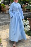 Casual Turndown Collar Long Sleeve Lace Up Long Vacation A Line Pleated Maxi Shirt Dresses