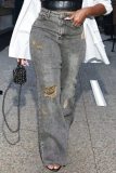 Casual High Waist Straight Leg Distressed Ripped Denim Jeans
