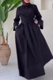 Casual Turndown Collar Long Sleeve Lace Up Long Vacation A Line Pleated Maxi Shirt Dresses