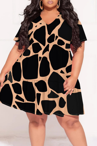 Casual Graphics Print V Neck Short Sleeve Ruffle Hem Vacation Plus Size A Line Mini Dresses